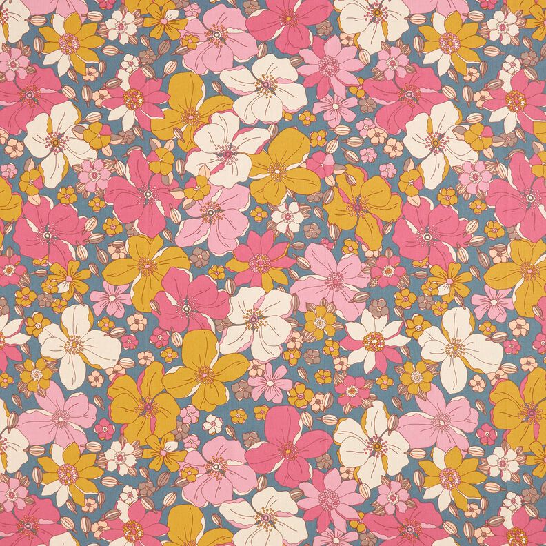 Tissu en coton Cretonne Grands motifs de fleurs – gris bleu/rose vif, image number 1