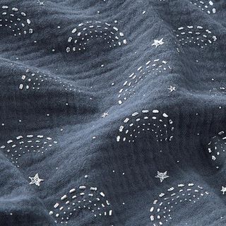 Tissu double gaze de coton Arcs-en-ciel Imprimé feuille – bleu marine/argent, 