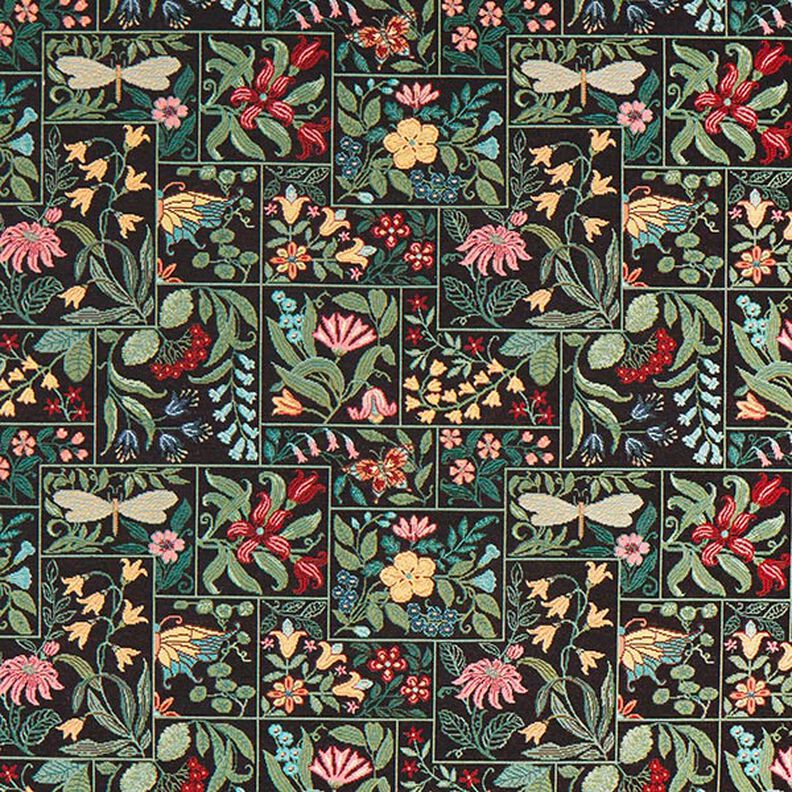 Tissu de décoration Gobelin Carreaux à fleurs – noir, image number 1