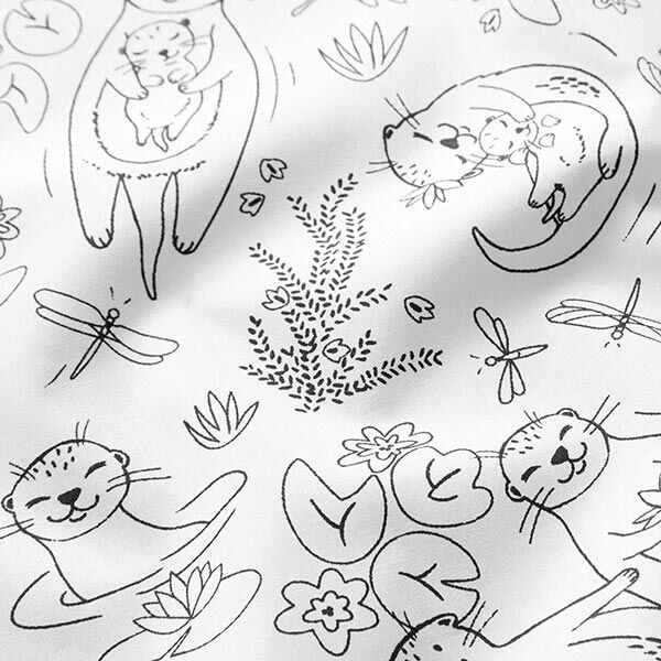 Popeline coton Tissu à colorier loutres mignonnes dans l'étang – blanc/noir,  image number 2