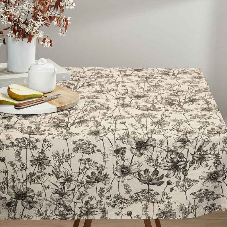 Tissu de décoration Semi-panama Fleurs et herbes – nature/noir,  image number 7