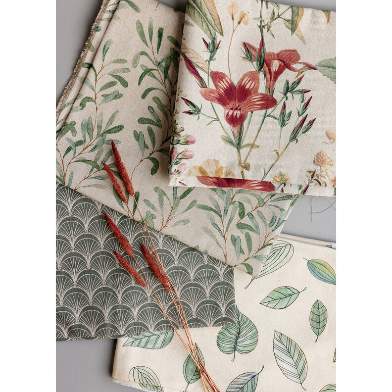 Tissu de décoration Semi-panama Feuilles dessinées – beige clair/roseau,  image number 6