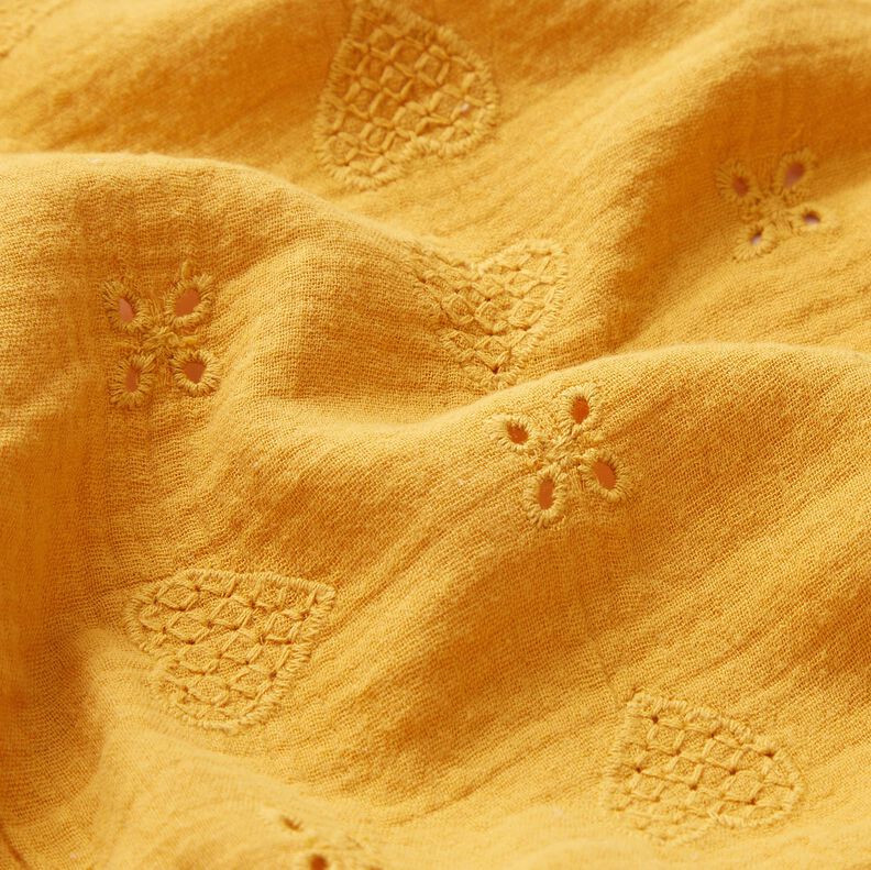 Tissu double gaze de coton Dentelle brodée Cœurs – jaune curry,  image number 2