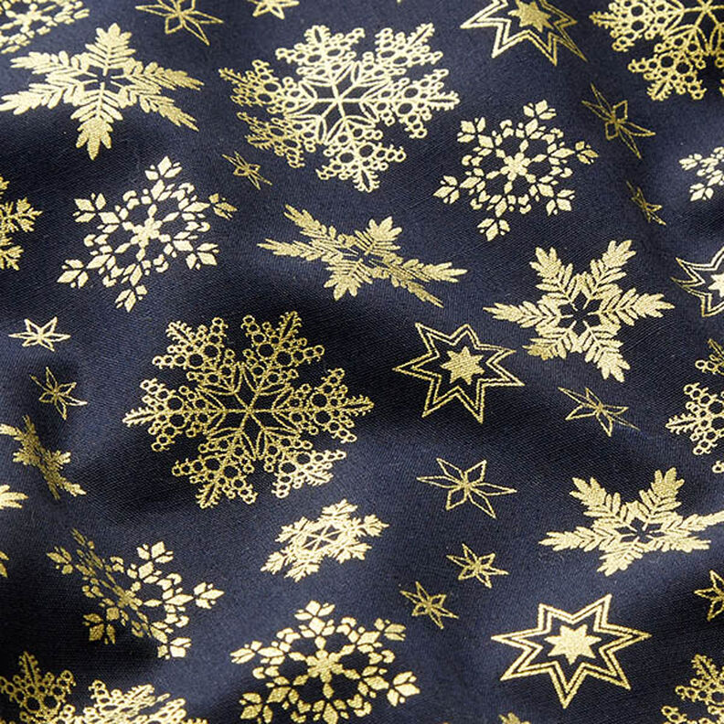 Tissu en coton Popeline Cristaux de neige – bleu nuit/or, image number 2