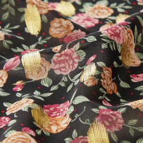 Crêpe mousseline Fleurs et pois dorés – noir, 