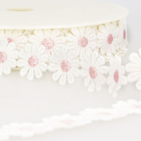 Ruban dentelle Marguerites  – blanc/rose, 