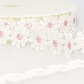Ruban dentelle Marguerites  – blanc/rose, 