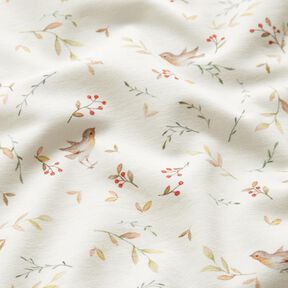 GOTS Jersey coton Oiseaux sur branches Impression numérique – ivoire, 