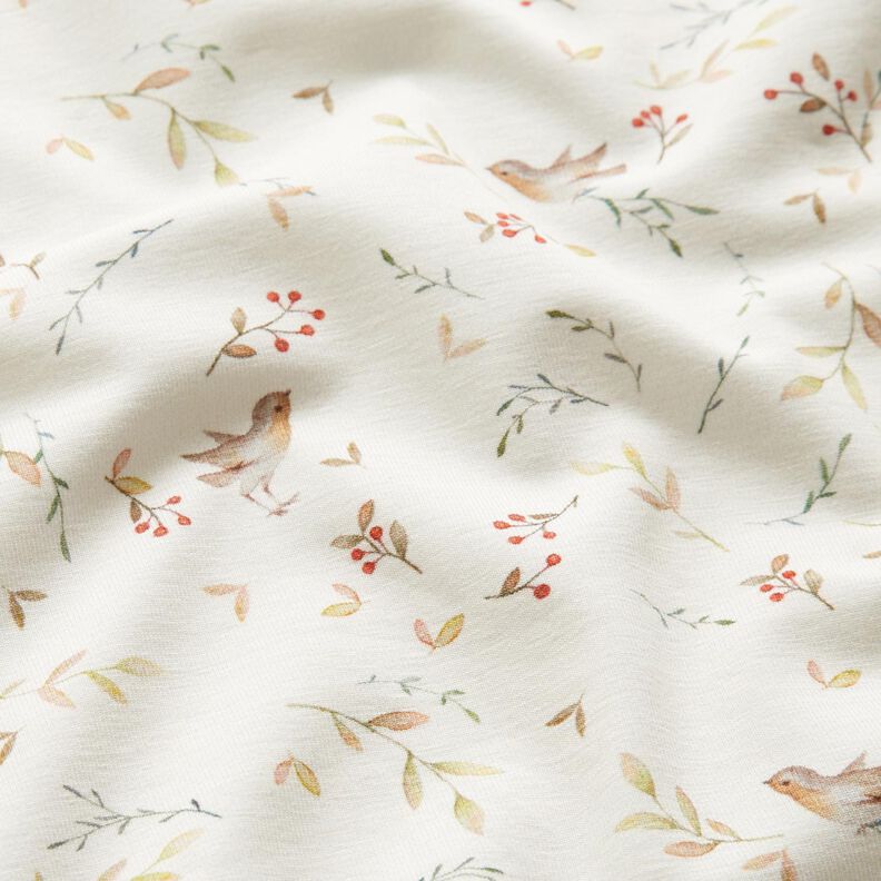GOTS Jersey coton Oiseaux sur branches Impression numérique – ivoire,  image number 2