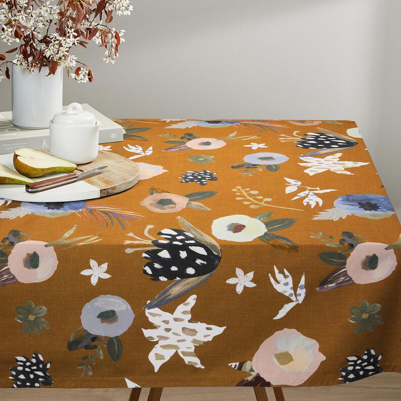 Tissu de décoration Semi-panama Grandes fleurs rétro – caramel/kaki clair,  image number 7