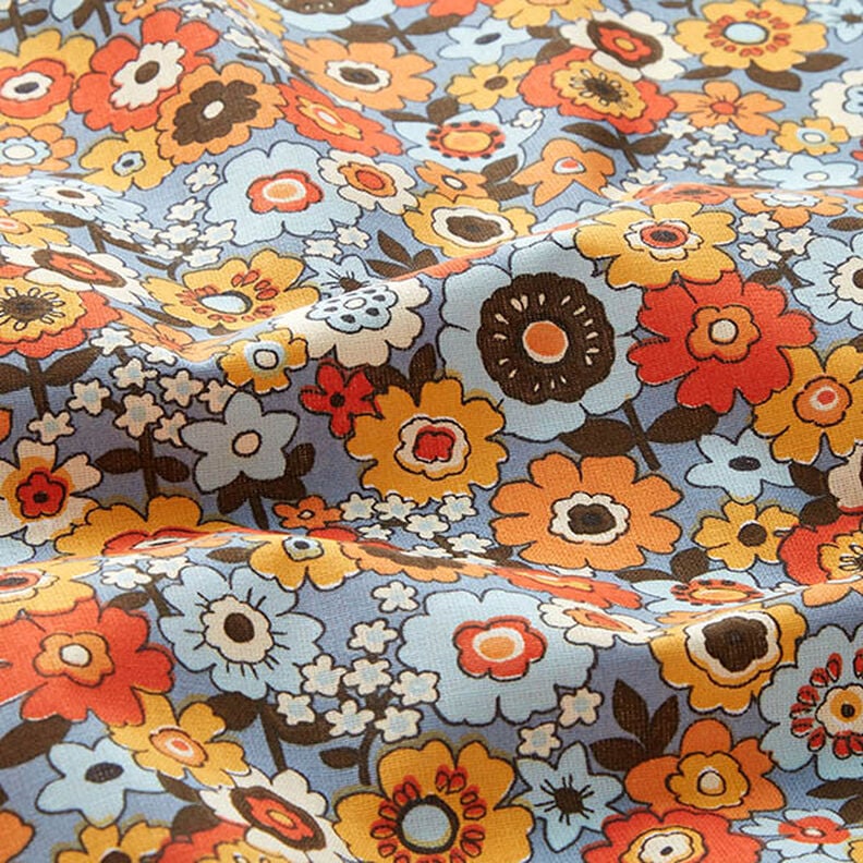 Tissu en coton Cretonne Fleurs multicolores – jean bleu clair/orange,  image number 2