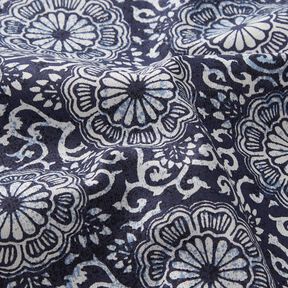 Tissu en coton Cretonne Mandala fleuri – blanc/bleu nuit, 
