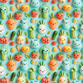 Popeline coton Légumes en pâte à modeler joyeux Impression numérique – bleu aqua, 