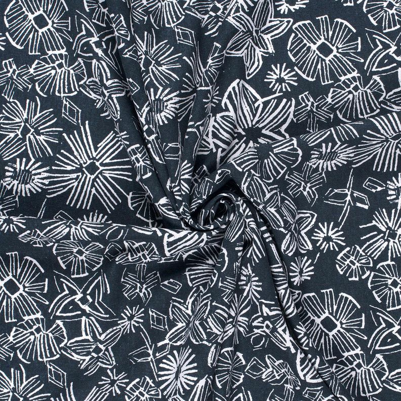 Mélange viscose lin Fleurs esquissées – bleu nuit/blanc, image number 3