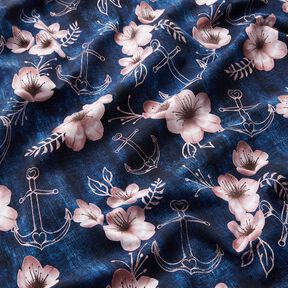 Jersey coton Fleurs et ancres | Glitzerpüppi – bleu nuit/vieux rose clair, 