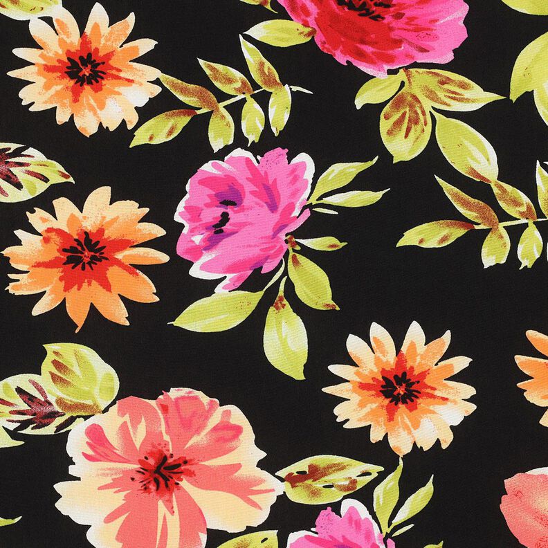 Tissu viscose Impression numérique grandes fleurs – noir/pourpre, image number 1