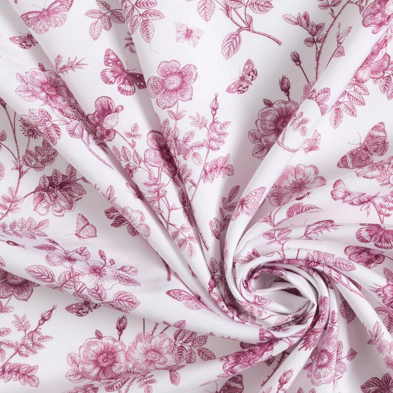 Tissu viscose Fleurs et papillons – blanc/raisin,  image number 3