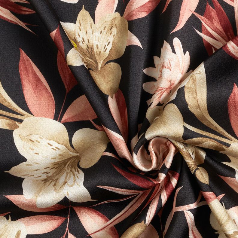 Crêpe satin magnolias et feuilles de palmier – noir/beige,  image number 3