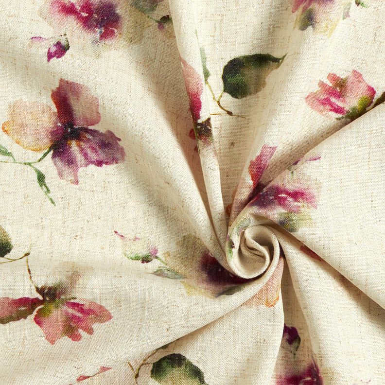 Mélange viscose lin fleurs aquarelles – nature/raisin,  image number 3