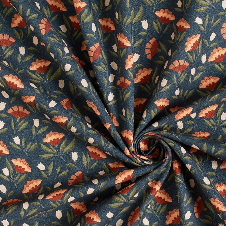 Tissu en coton Popeline fleurs en filigrane – bleu noir/terre cuite, image number 3
