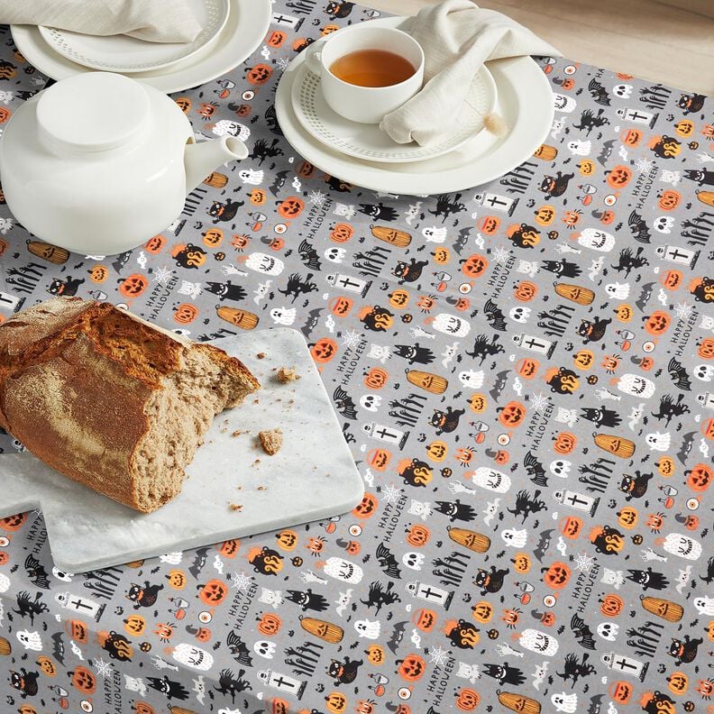 Tissu en coton Popeline Happy Halloween – gris éléphant/orange clair, image number 6