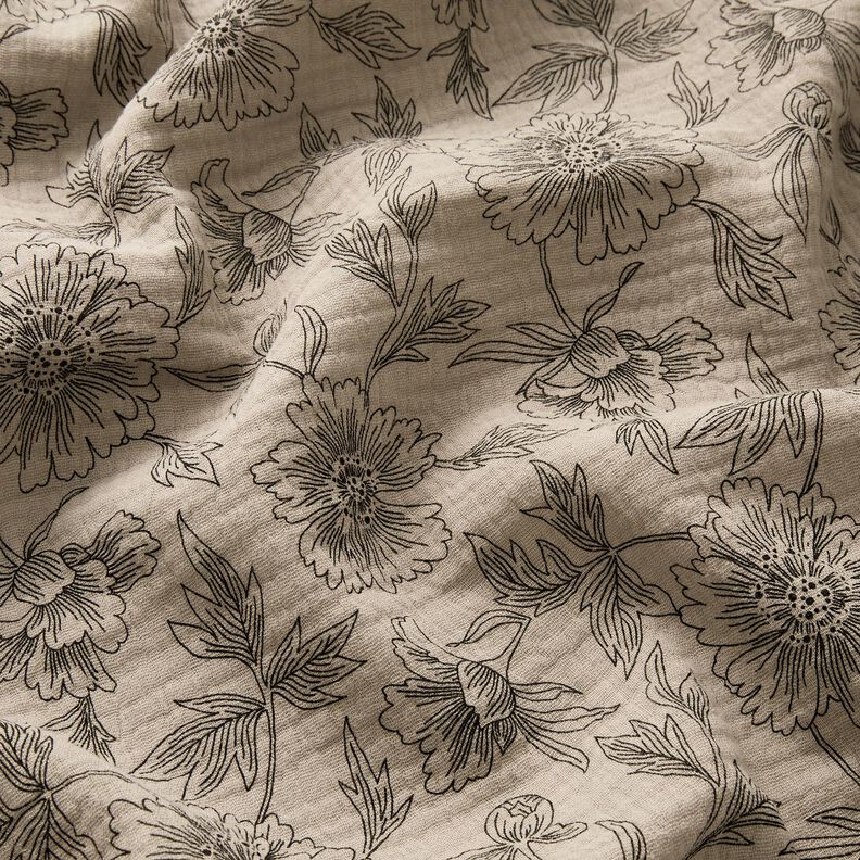 Tissu double gaze de coton Grandes fleurs – taupe clair/noir,  image number 2