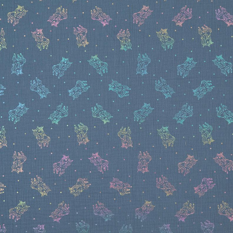 Tissu double gaze de coton Licornes Imprimé feuille – gris bleu,  image number 1
