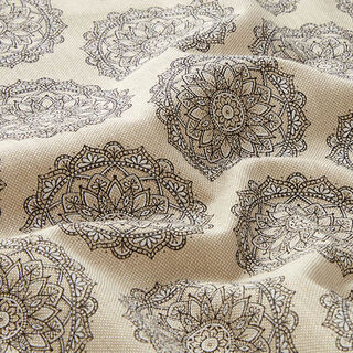 Tissu de décoration Semi-panama Mandala Fleurs – noir/nature, 