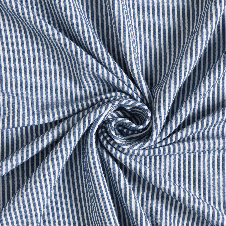 Jersey coton Seersucker Rayures fines – bleu jean/blanc, image number 3