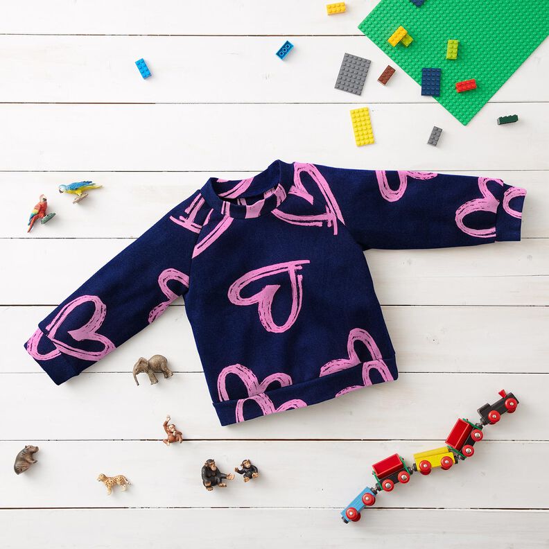 French Terry Sweat d’été Tissu look jean avec cœurs fluo – bleu nuit/rose néon,  image number 5
