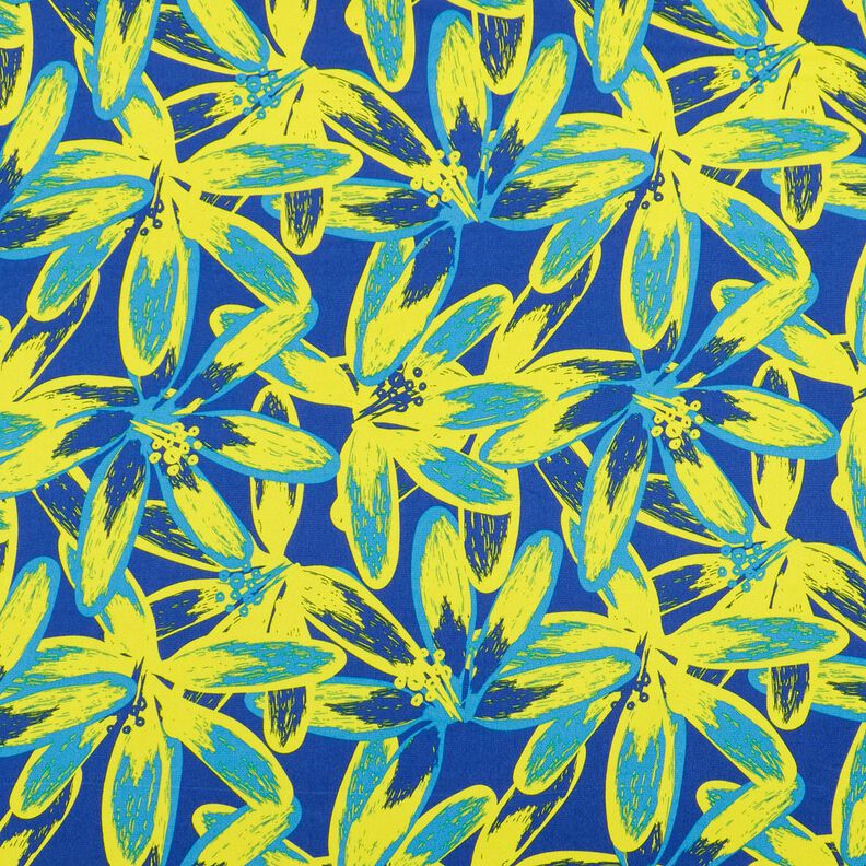 Crêpe satin grandes fleurs de camomille – indigo/jaune citron,  image number 1