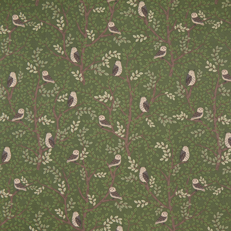 Tissu de décoration Semi-panama Chouettes des forêts – vert foncé/chocolat,  image number 1