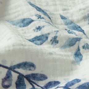Tissu double gaze de coton Aquarelle branches d'eucalyptus – écru/bleu aqua, 