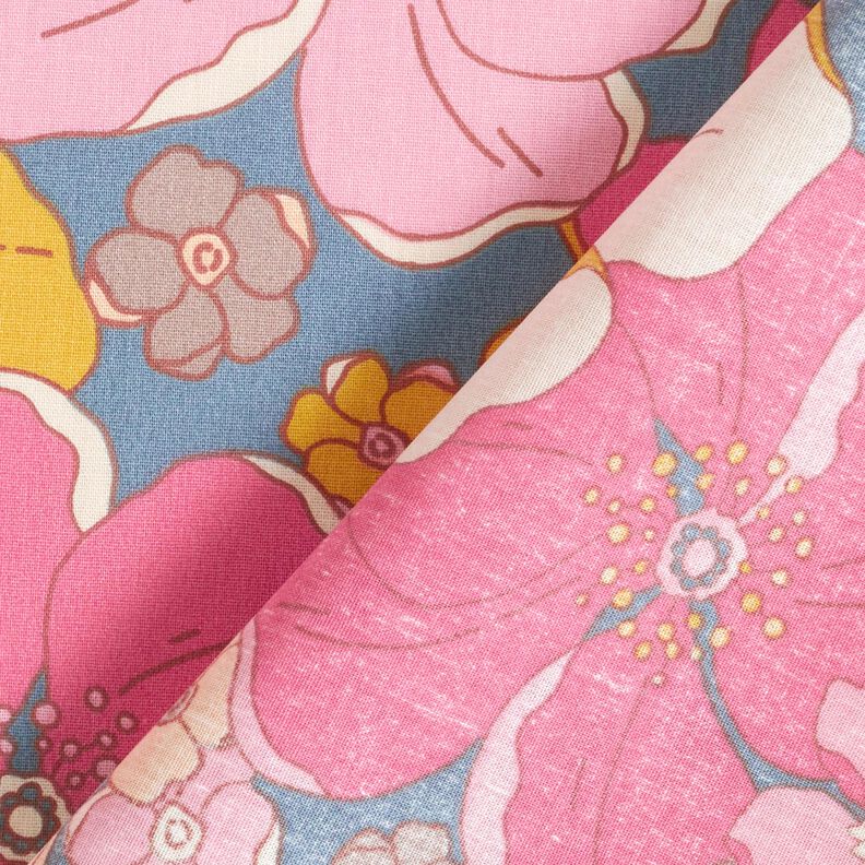 Tissu en coton Cretonne Grands motifs de fleurs – gris bleu/rose vif, image number 4