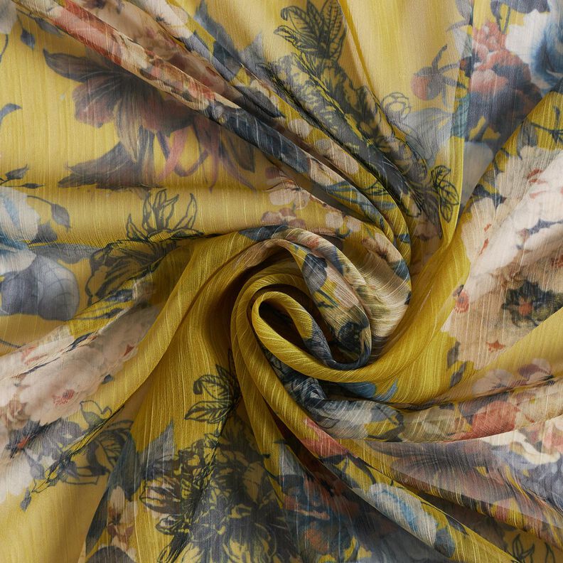 Chiffon plissé fleurs peintes – jaune olive,  image number 3