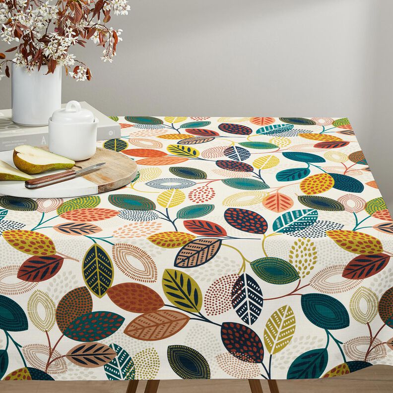 Tissu de décoration Panama Feuilles en pointillés – écru/pétrole, image number 7