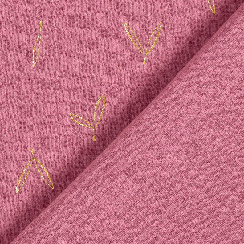 Tissu double gaze de coton Imprimé feuille Feuilles – framboise/or,  image number 5