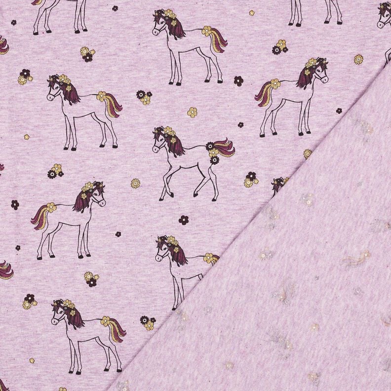 Jersey coton Cheval fleuri pailleté | Poppy Fabrics – violet pastel/or, image number 4