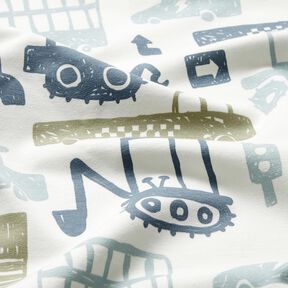 French Terry Sweat d&rsquo;&eacute;t&eacute; V&eacute;hicules griffonn&eacute;s &ndash; blanc/bleu, 