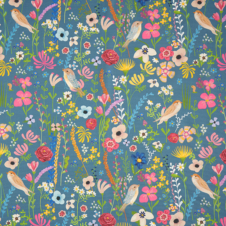 Tissu d'extérieur Canvas oiseaux et fleurs – bleu acier,  image number 1