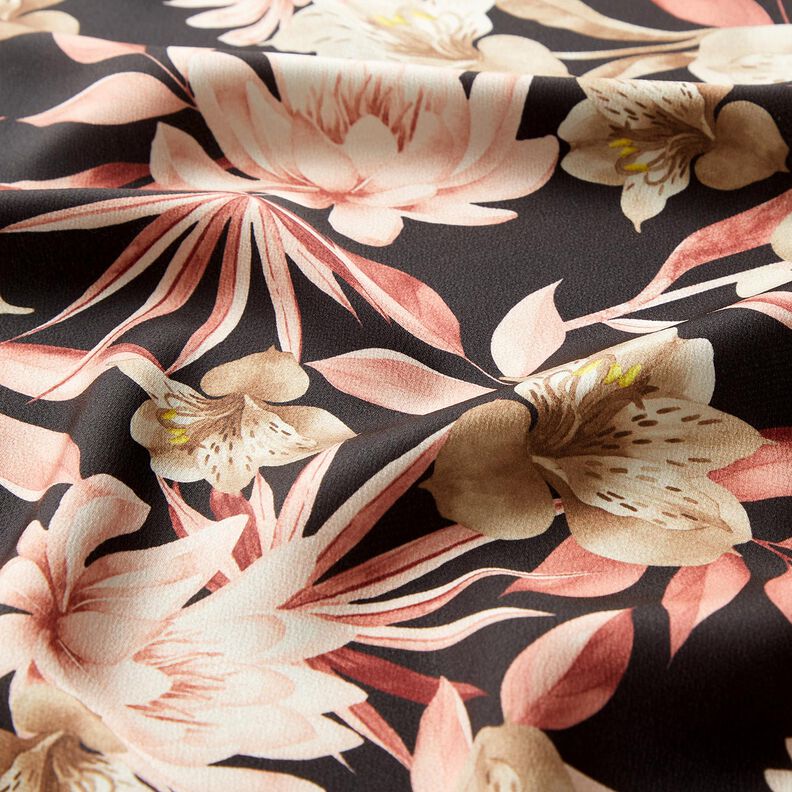 Crêpe satin magnolias et feuilles de palmier – noir/beige,  image number 2