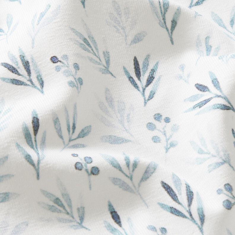 Jersey coton Branches et fleurs délicates aquarelle Impression numérique – ivoire/bleu jean,  image number 2
