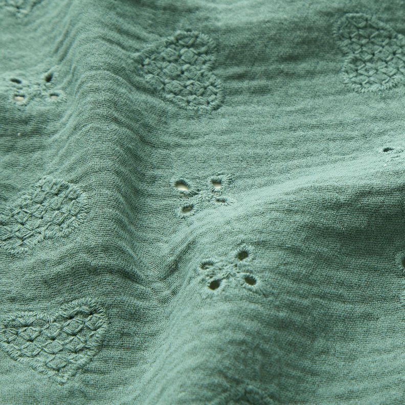 Tissu double gaze de coton Dentelle brodée Cœurs – sapin bleu,  image number 2