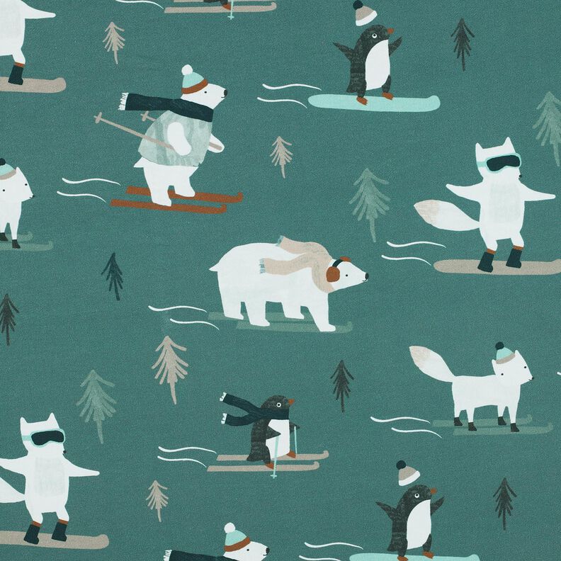 French Terry Sweat d’été Animaux aux sports d'hiver Impression numérique | Poppy Fabrics – pétrole, image number 1