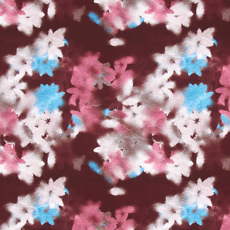 Jersey coton Imprimé numérique fleurs délavées – merlot/bleu, image number 1