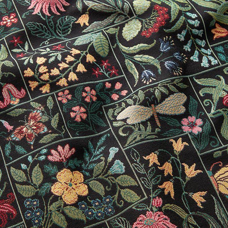 Tissu de décoration Gobelin Carreaux à fleurs – noir, image number 2