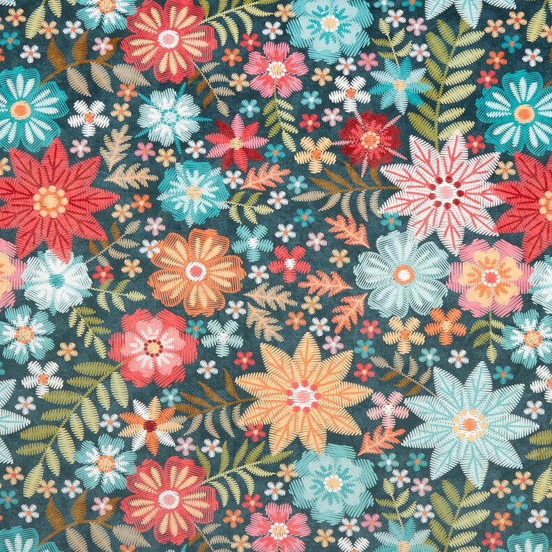 Velours de décoration Fleurs aspect broderie – pétrole/carmin,  image number 1