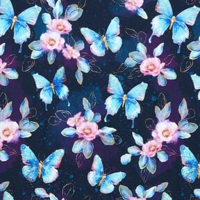 Jersey coton Papillons et fleurs scintillants | Glitzerpüppi  – bleu nuit/bleu glacier,  Jersey coton Papillons et fleurs scintillants | Glitzerpüppi  – bleu nuit/bleu glacier,