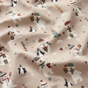 Jersey coton Pingouin, ours polaire et bonhomme de neige – amande, 