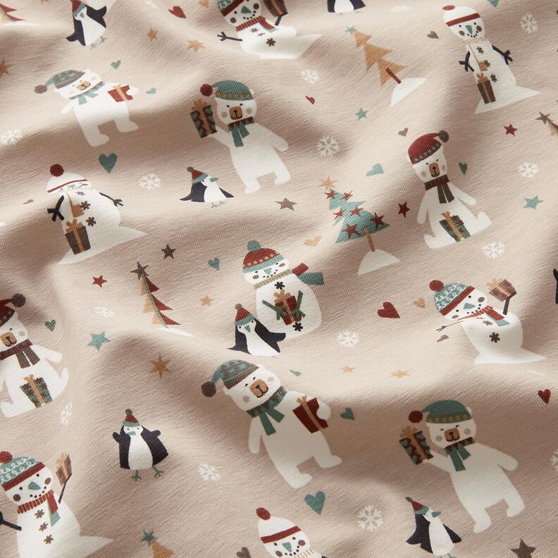 Jersey coton Pingouin, ours polaire et bonhomme de neige – amande,  image number 2
